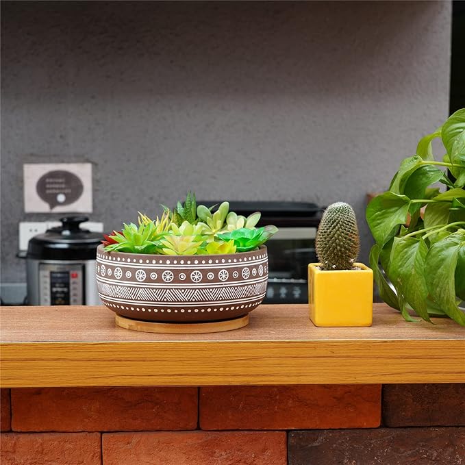8 Inch Terracotta Succulent Planter Pot with Drainage Hole and Bamboo Tray, Brown Round Shallow Bonsai Pot for Indoor Plants