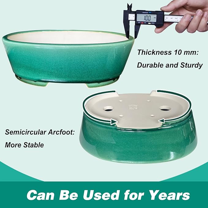 MUZHI 9” Glazed Oval Green Bonsai Planter Pot with Humidity Tray, Classic Neat Ice Crack Long Bonsai Tree Succulent Plant Pot with Saucer