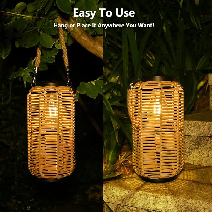 Solar Lantern Outdoor Hanging Lights, Rattan Lantern Waterproof with Twine Handle, Bright Solar Outdoor Lights with Edison Bulb for Garden Patio Yard Tabletop Decoration