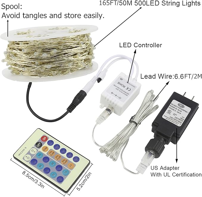 RUICHEN Red Dimmable Fairy Lights Plug in, Super Long 165 Ft 500 LED Twinkle String Lights with Remote, Waterproof Silver Wire Firefly Lights for Christmas Wedding Party Bedroom Patio Garden