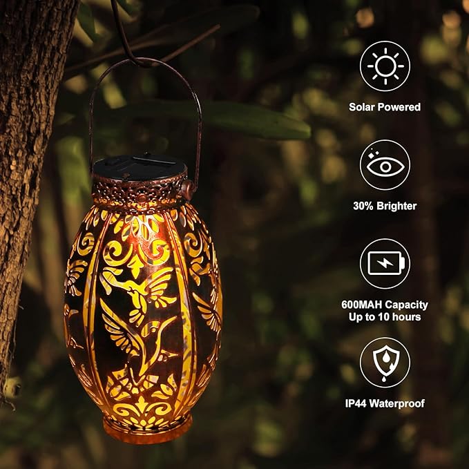 Hummingbird Lantern 2 Pack Solar Lanterns Outdoor Hanging Solar Lights, Upgraded Metal Garden Lanterns - Waterproof LED Decorative Light for Garden Patio Yard Gifts for Mom Grandma Women
