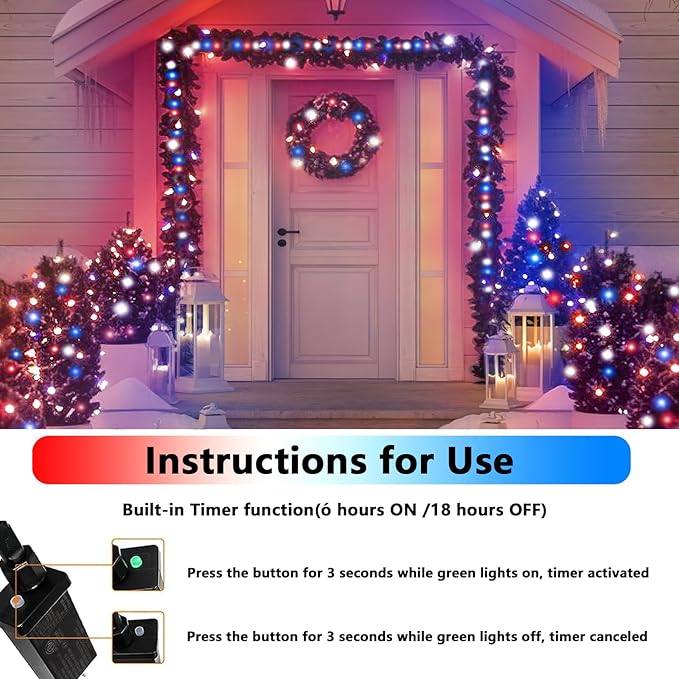 66Ft 200 LED Fairy Lights Plug in, July 4th Patriotic Waterproof String Lights with Timer for Indoor and Outdoor 8 Modes, Red White Blue American Flag Twinkle Lights for Independence Day, National Day