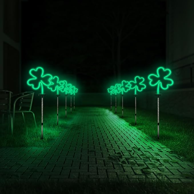 BlcTec St Patricks Day Decorations Outdoor, 4PCS Shamrock Neon Lights with Stainless Steel Stakes, Waterproof Irish Green Shamrock Pathway Lights for Yard Lawn Garden Porch Decor, Plug in