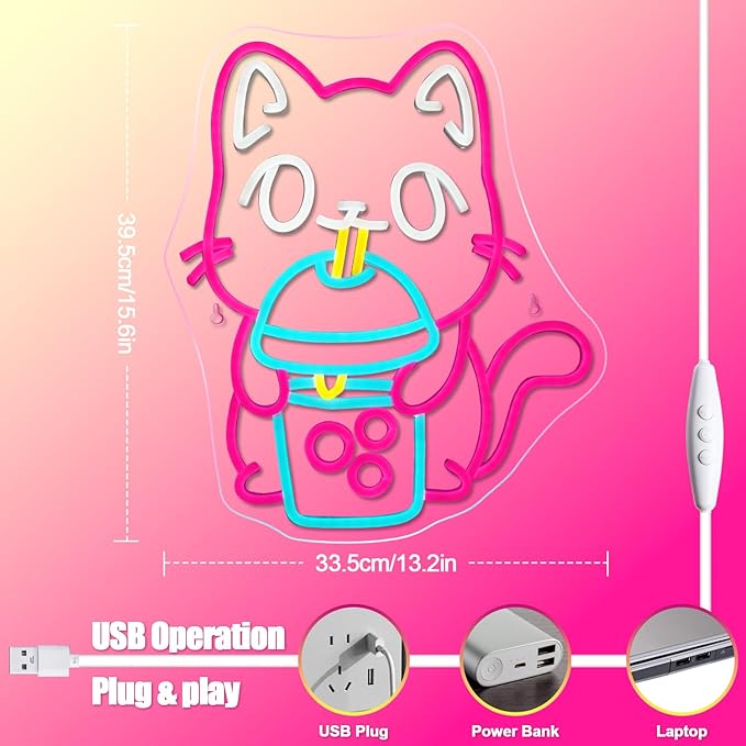 Cat Boba Tea Neon Sign,Cute Pink Kitty Bubble Tea Neon Signs for Wall Decor,Dimmable LED Neon Light Bar Sign,USB Light Up Signs for Kids Bedroom Dimsum Store Cofes Bar Milk Tea Shop