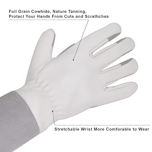 HLDD HANDLANDY Gardening Gloves for Women & Men, Leather Long Sleeve Rose Pruning Gloves, Thorn Proof Garden Work Gauntlet Animal Handling Gloves (Large, Gray)