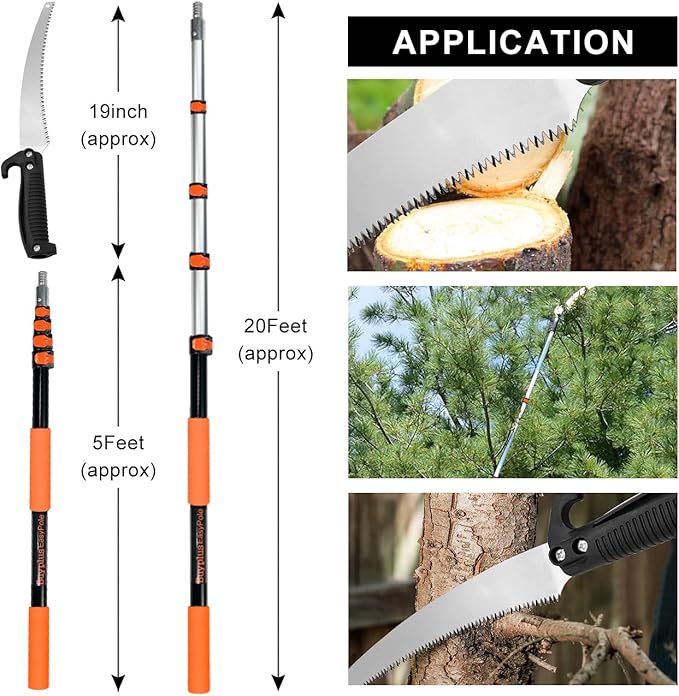 Buyplus 26FT Reach Pole Saws for Tree Trimming, Pole Saw with 5-20FT Telescoping Extension Pole, Pruning Saw with 19" 3X Detachable Saw, Non-Slip Handle, Tree Trimmer for Garden Palms Shrubs