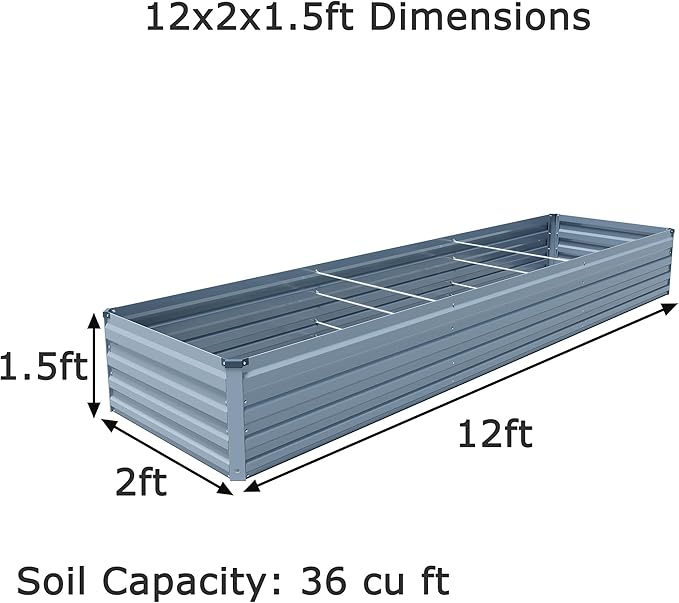 12x2x1.5ft Galvanized Raised Garden Bed,Outdoor Planter Box Metal Patio Kit Planting Bed for Vegetables Flowers Herb,Grey