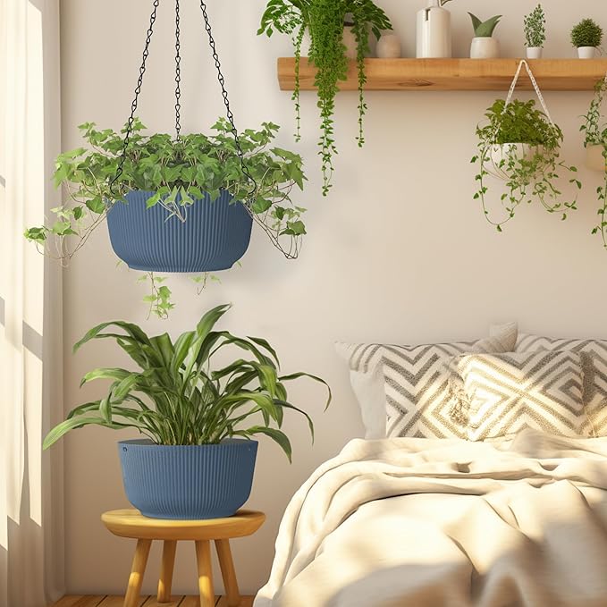 T4U 10 Inch Hanging Planters for Indoor Outdoor Plants, Hanging Baskets for Plants Pack of 2, Self Watering Hanging Pots with Drainage Hole for Garden Home Decor, Blue