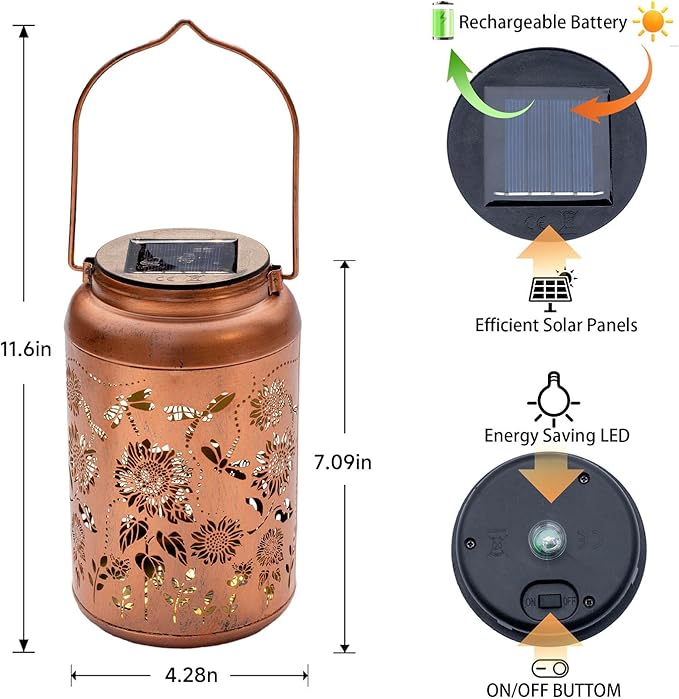 Solar Lanterns Dragonfly Lights Outdoor Decor Hanging Lantern Waterproof Metal LED Sunflower Light Decorative Garden,Yard,Patio,Lawn,Christmas Gifts for Women Mon Grandma
