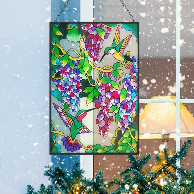 VEWOGARDEN Hummingbird Stained Glass Window Hangings 10" W x 15" H Bird Suncatcher Panel with Chain Windows Hanging Decor Ornament Gift