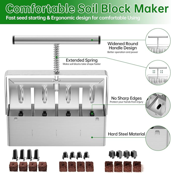 Soil Blocker, 4 Cell Soil Block Maker 2 Inch with 3 Sizes Seed Pins, Seed Handheld Block Maker with Comfortable Handle, Garden Blocking Tools for Seedings, Cuttings, Greenhouses