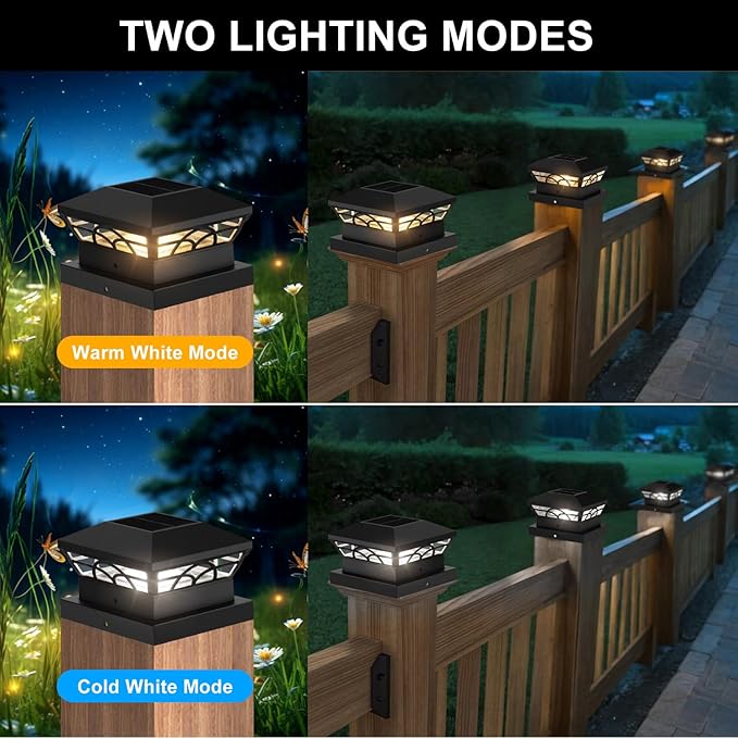 T-SUN Solar Powered Post Cap Lights Outdoor Waterproof for 4x4/5x5/6x6 Wooden/Vinyl Fences - Adjustable Warm/Cool White Modes for Deck, Mailbox, Garden, Porch, Patio, and Decorative Accents (6 Pack)