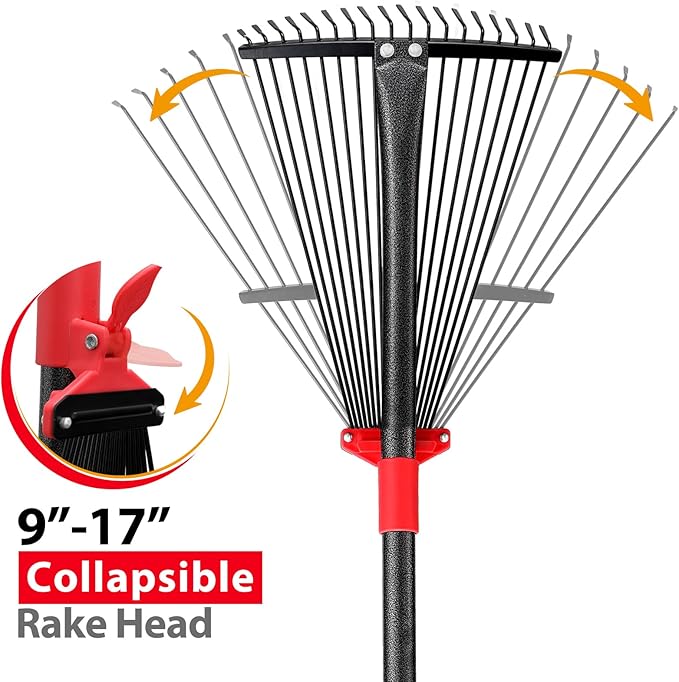 Rake for Leaves, Adjustable Garden Leaf Rakes for Lawns Heavy Duty, Metal Rake with 18 Clog-Free Tines, 9”-17” Collapsible Rake Head, 6 ft Long Handle, Yard Tools for Gardening Camping Fast Cleanup