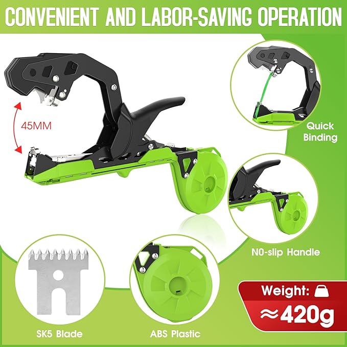 Plant Tying Machine with Green Tape, Lightweight Plant Tape Gun Tool to Tie Up Vine, Plant Tapener Tying Tool for Tomato, Grape, 10000pcs Staples 20 Rolls Tape (Green)