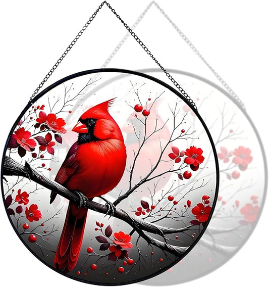 RIVEENY Cardinal Stained Glass Window Hanging,Cardinal Stained Glass Suncatcher,8" Window Suncatcher Hanging Ornaments Wall Art, Hand-Painted Glass Panel Home Decor for Mom Grandma