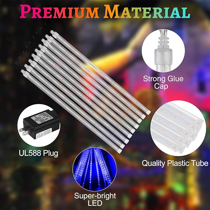 KNONEW Meteor Shower Lights 15 Inch 24 Tubes 672 LED Christmas String Plug-in Outdoor Waterproof Falling Rain for Wedding Party Garden Holiday Tree Decorations (Blue)