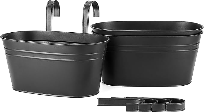 Dahey Metal Iron Hanging Flower Pots for Railing Fence Outdoor Planter Hanging Bucket Pots Countryside Style Window Flower Plant Holder with Detachable Hooks Home Decor,Black,3 Pcs