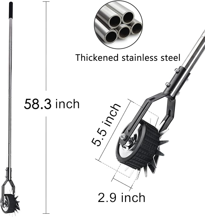 Wheel Rotary Edger, Rotary Shear, Sidewalk Manual Lawn Edger, Strong 3 Sections Stainless Steel Handle with Cushion Grip, 58.3-Inch