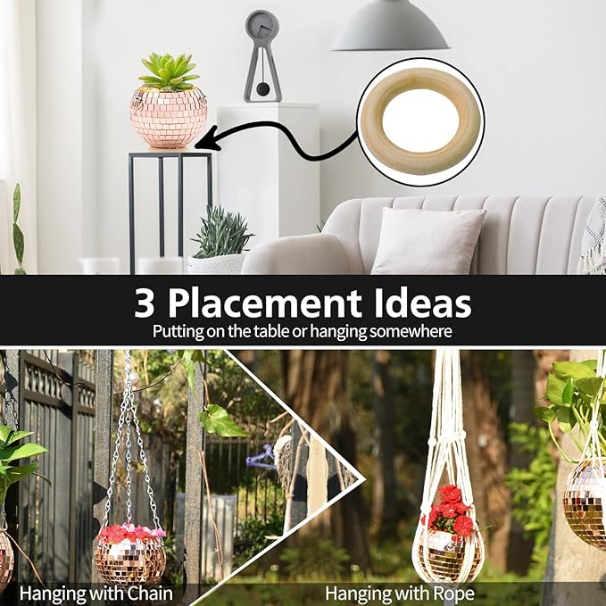 Disco Ball Planter, 1pcs 4" Rose Gold Disco Ball Planter, Disco Ball Plant Hanger with Hanging Rope, Hanging Chain, Hook, Circle and Extra Mirror Pieces (4" Rose Gold, 1pcs)