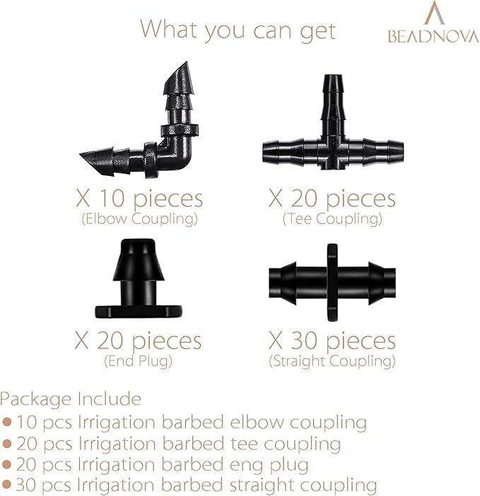 BEADNOVA Drip Irrigation Parts 80 Pcs Mix 1/4 Inch Barbed Tee Elbow Straight Couplings End Plugs Drip Irrigation Fittings Drip Line Connectors for 1/4 Inch Irrigation Tubing Garden Watering System