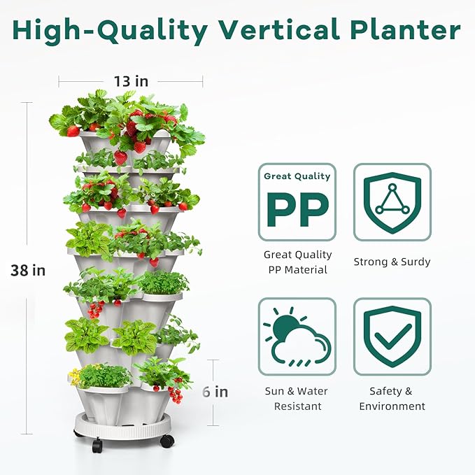 7 Tiered Strawberry Vertical Planters, 2 Pack Stacking Tower Garden with Support Pole, Stackable Herb Vegetable Planters Indoor Outdoor White
