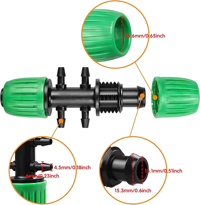Drip Irrigation Fittings for 1/2" Tubing((0.60"-0.63" OD) to 1/4" Irrigation Tubing, 12 Pieces Barbed Tee Drip Fittings Twist Locked 6 Way Connectors for Drip Irrigation Hose (13mm ID / 4mm ID)