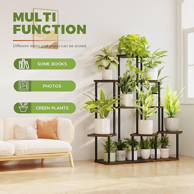 Bamworld Large Plant Stand Indoor, 9 Tier Tall Metal Plant Shelf for Multiple Plants, Tiered Flower Stand for Patio Garden Balcony Living Room Bedroom(Brown)