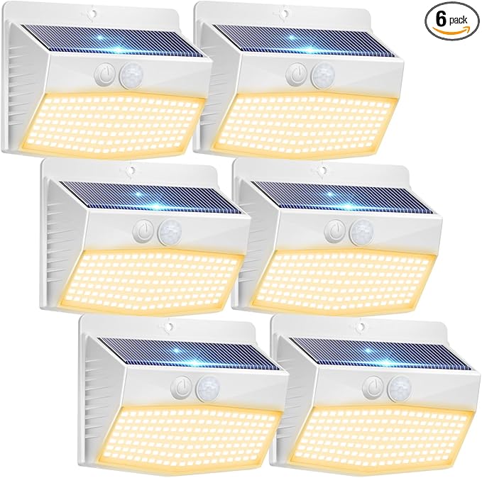 Peasur 6 Packs Solar Outdoor Lights Motion Sensor, Solar Security Lights Waterproof with 3 Lighting Modes Solar Powered Wall Lights Outside for Garden Fence Yard Deck, Warm White