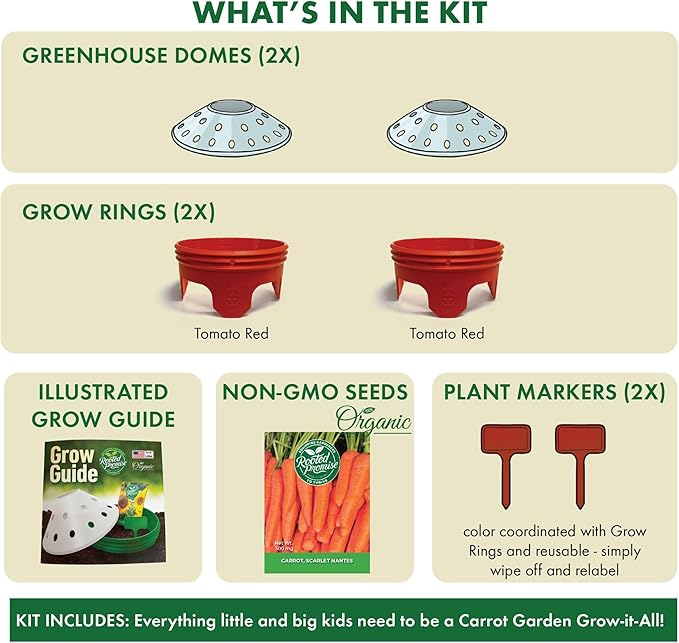 Kids Outdoor Carrot Garden Kit - Complete Kit for Growing Your Own Carrots from Seeds with Grow Rings and Greenhouse Germination Domes, Non-GMO Seeds, BPA-Free