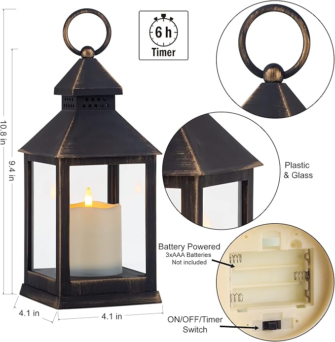Vintage Golden Brushed Black Lantern Decorative LED Flickering Flameless Candle with Timer, Battery Powered LED Decorative Hanging Lanterns for Indoor Outdoor Garden Yard Home Decor(2 Pack)