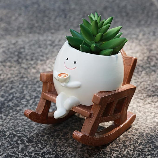 Smiley Face Planter Pot, Cute Coffee Plant Pots for Indoor Outdoor, Unique Rocking Chair Plant Pot for Succulents Plants Live with Drainage Hole, Gift IdeaI for Mother and Appreciation Christmas