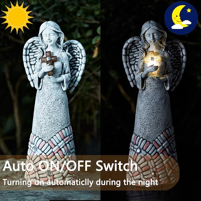 Angel Garden Statues Outdoor Solar Decor Gifts for Women Cross Praying for Cemetery Backyard Lawn Yard Decoration（10.24inch）