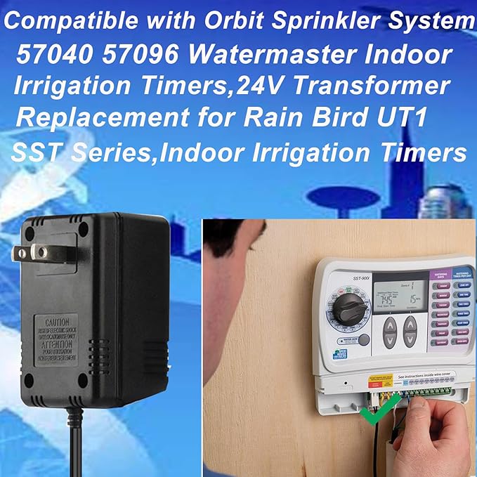 24VAC750mA AC Adapte Compatible with Orbit Sprinkler System 57040 57096 Watermaster Indoor Irrigation Timers,24V Transformer Replacement for Rain Bird UT1 SST Series,Indoor Irrigation Timers