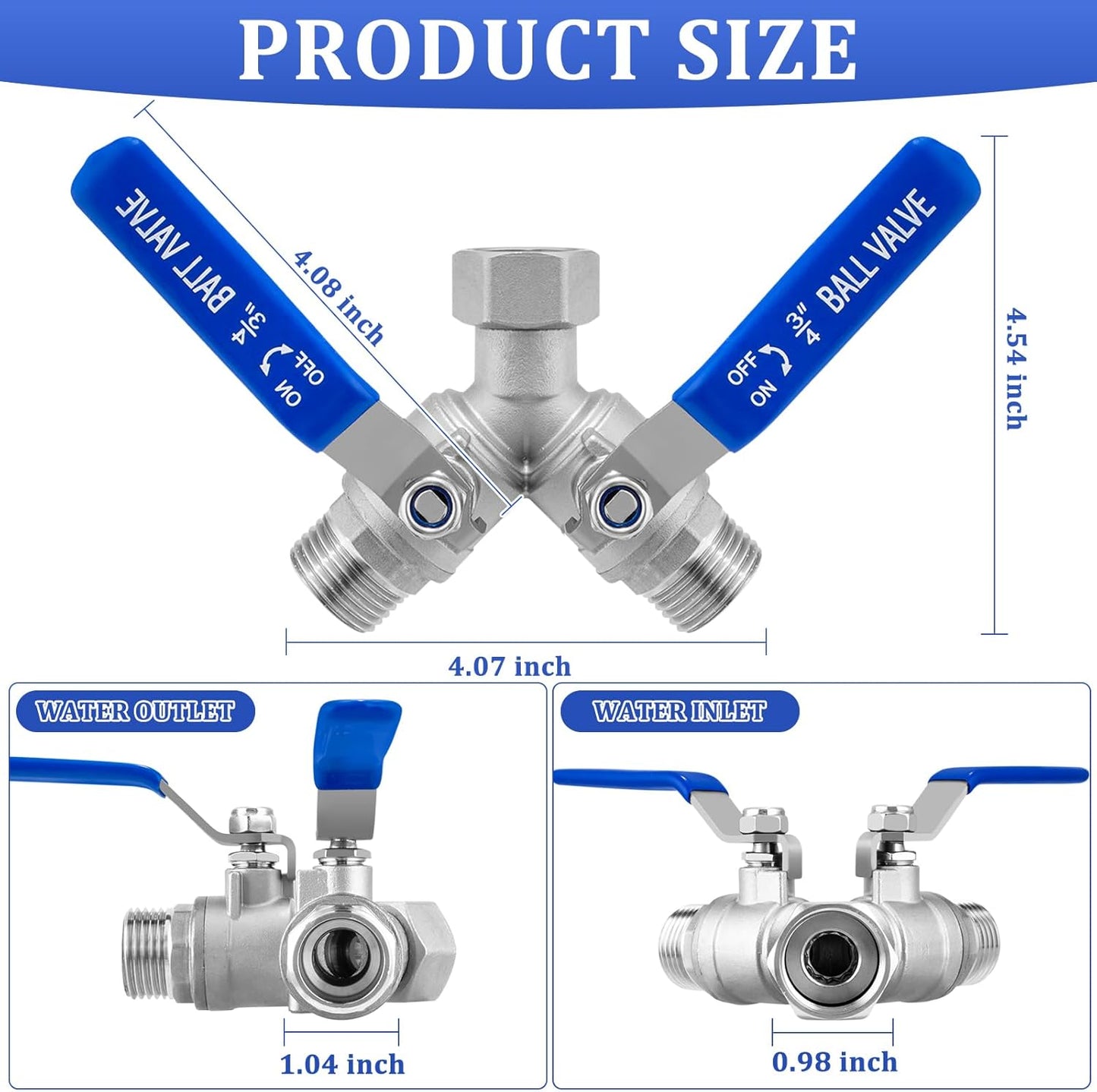 Garden Hose Splitter 2 Way Heavy Duty, 304 Stainless Steel Water Hose Splitter with Long Handle, Lead-free Y Water Garden Hose Splitter, 3/4" GHT Thread Full Flow 2 Way Water Hose Splitter