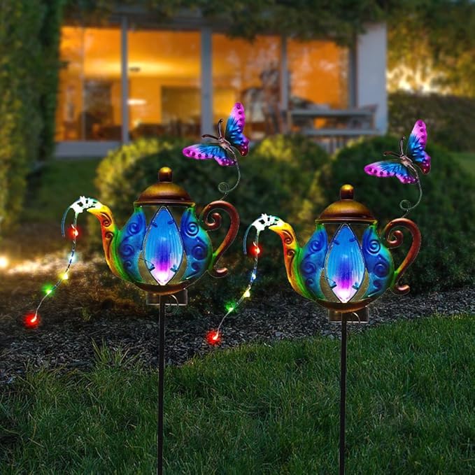 Solar Pathway Lights Outdoor, 2 Pack Metal Garden Lights, Decorative Lanscape Lighting Waterproof Solar Garden Decor Gifts for Mom, Women - Blue