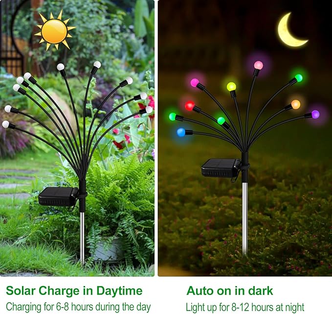 Kohlrabi Solar Garden Lights Outdoor, 6 Pack 60 LED Solar Firefly Lights Waterproof, Sway by Wind, Solar Swaying Light for Yard Patio Backyard Garden Planter Flower Bed Pathway Outdoor Decoration