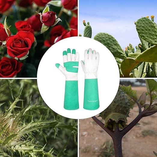 HLDD HANDLANDY Gardening Gloves for Women & Men, Leather Long Sleeve Rose Pruning Gloves, Thorn Proof Garden Work Gauntlet Animal Handling Gloves (Small, Green)