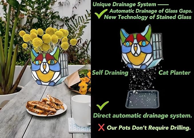 Tiffany Stained Glass Cat Planter,Indoor and Outdoor Plant Displays,Succulent Cat Pot,Plant Gifts for Women,4.6x5.15x2.3 in (Without Succulents)