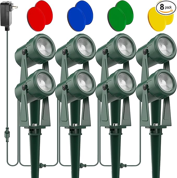 SUNTHIN Outdoor Landscape Lighting, 8 Pack Outdoor Spot Lights with 8 Colorful Lens and Power Supply, Green Shell, IP65 Waterproof & Connectable
