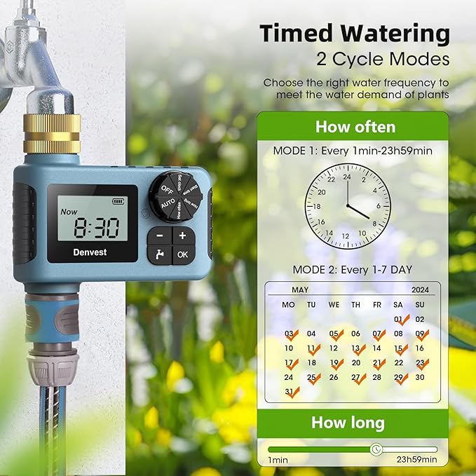 Hose Timer with Brass Inlet & Outlet, Water Timer for Garden Hose Faucet, Sprinkler Timer Outdoor, Irrigation Timer with Rain Delay/Manual for Garden/Outdoor Hose, Yard, Lawns, 1 Outlet