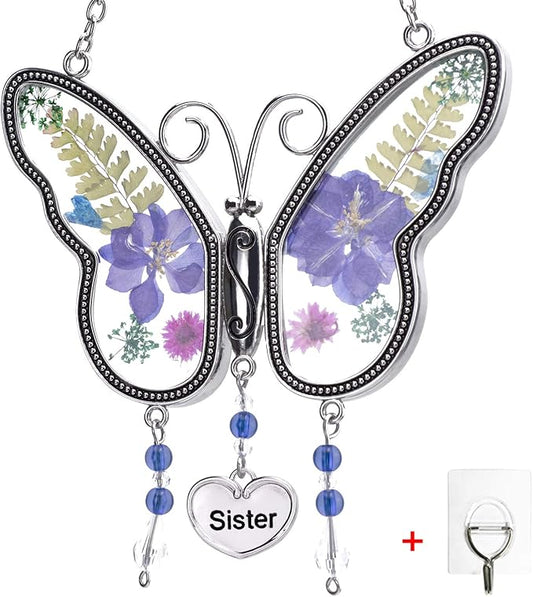 Laraine Butterfly Suncatcher with Pressed Flower Wings Mom Mother's Day Butterfly Glass Wind Chime Ornament Charm with Metal Heart Gifts for Mom Grandma Birthday ((Purple Sister (with Free Hook))