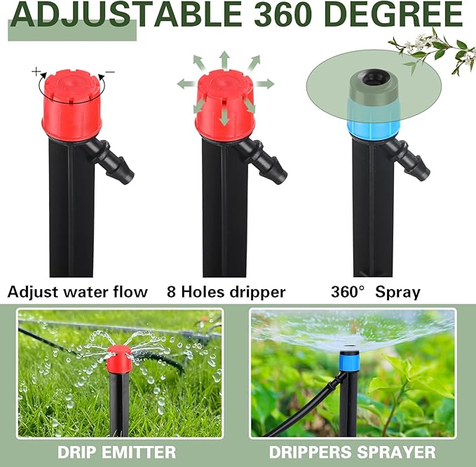 120 Pcs Drip Irrigation Emitters for 1/4'' Drip Irrigation Tubing 60 Irrigation Emitters Sprayer 60 Adjustable 360 Degree Water Flow Drippers for Patio Lawn Garden Watering