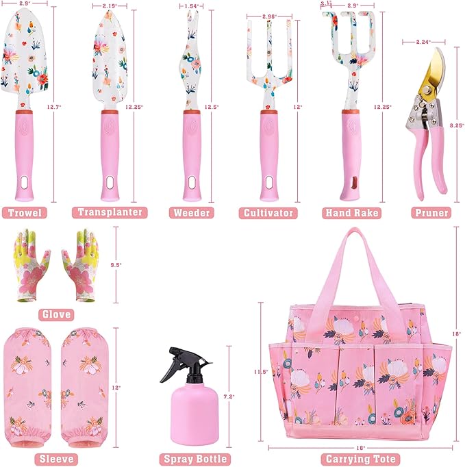 Floral Garden Tools Set,Heavy Duty Gardening Tools for Gardener,Gardening Gifts for Women,Storage Tote Bag,Sleeves,Gloves,Trowel,Transplanter,Rake,Weeder,Cultivator,Pruner,Succulent Hand Tools,Pink