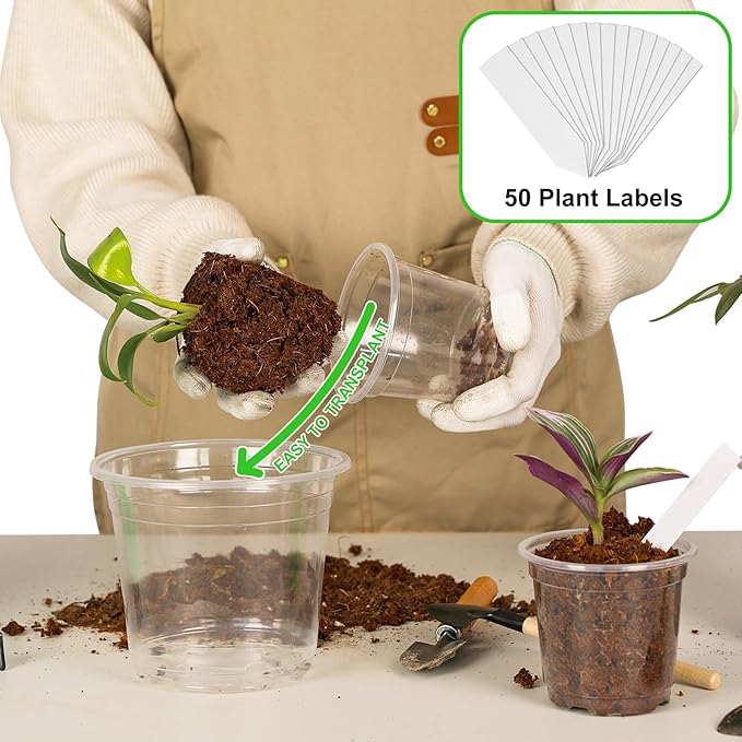 60 Pack 3.5/4/5/6/7 Inch Clear Nursery Pots with Drainage Hole,Variety Sizes Seed Starting Pots Transparent Plastic Plant Pots for Plants Transparency with 50 Plant Labels