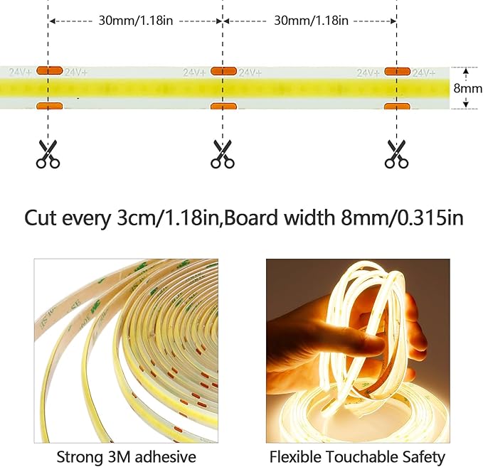 10M/32.8ft 24V COB LED Strip Light Waterproof IP65 Warm White 3000K Uniform Glow 3840LEDs CRI 93+ Flexible LED Tape Lights for DIY Cabinet Bedroom Kitchen Home Decor(No Power Supply)