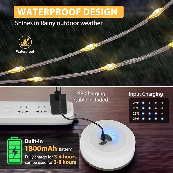 Camping String Lights, 4 in 1 Quick Storage 32.8FT Rechargeable Tent Lights with 6 Modes Hanging Waterproof Camp Lamp Camping Essentials for AwnTent Hiking Yard Garden Bedroom Festival -Warm White