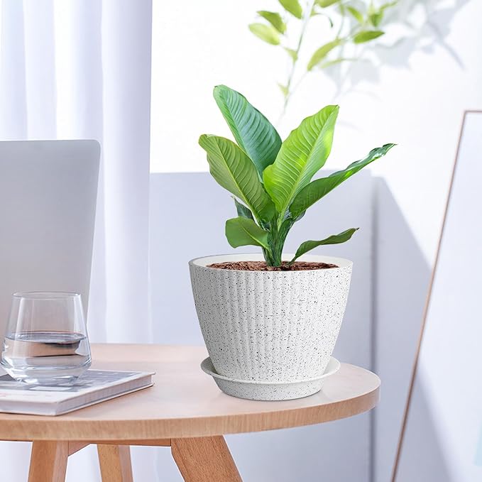 7/6.2/5.5/5/4.5/4 inch Flower Pots, 6 Pack Plant Pots for Small Indoor Outdoor Plants, Plastic Planters with Drainage Holes and Saucers for Garden Succulent House Plants, Speckled White