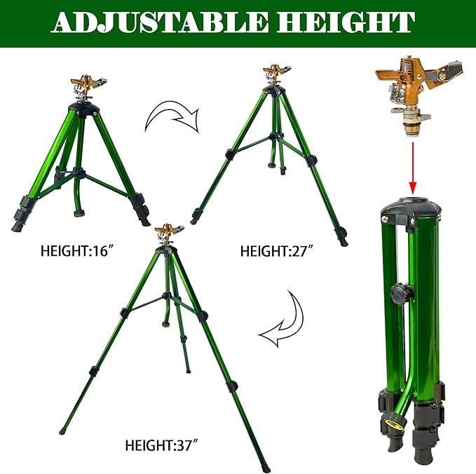 Impact Sprinkler on Tripod Base, Tripod Sprinklers with Brass Head, 360 Degree Large Area Irrigation with Extension Legs Flip Locks, Heavy Duty 3/4" Connector for Lawn Yard Garden