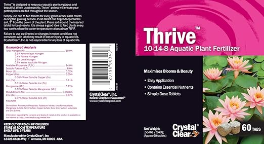 CrystalClear Thrive Aquatic Pond Plant Food, Fish Safe Water Garden Fertilizer, Nutrients Boost Lily & Lotus Flower Bloom & Root Growth, 60 Tablets