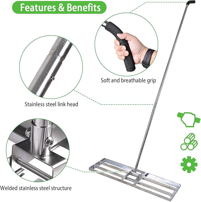 Scalebeard Lawn Leveling Rake-7 FT Level Lawn Tool / Soil Lawn Rake Stainless Steel Leveling Rake Landscape Rake with Handle for Garden Backyard Golf/Lawn（7FT, 35 x 10IN）
